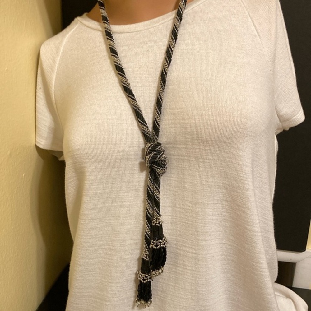 Artisan silver and black hand beaded fringed knotted rope necklace